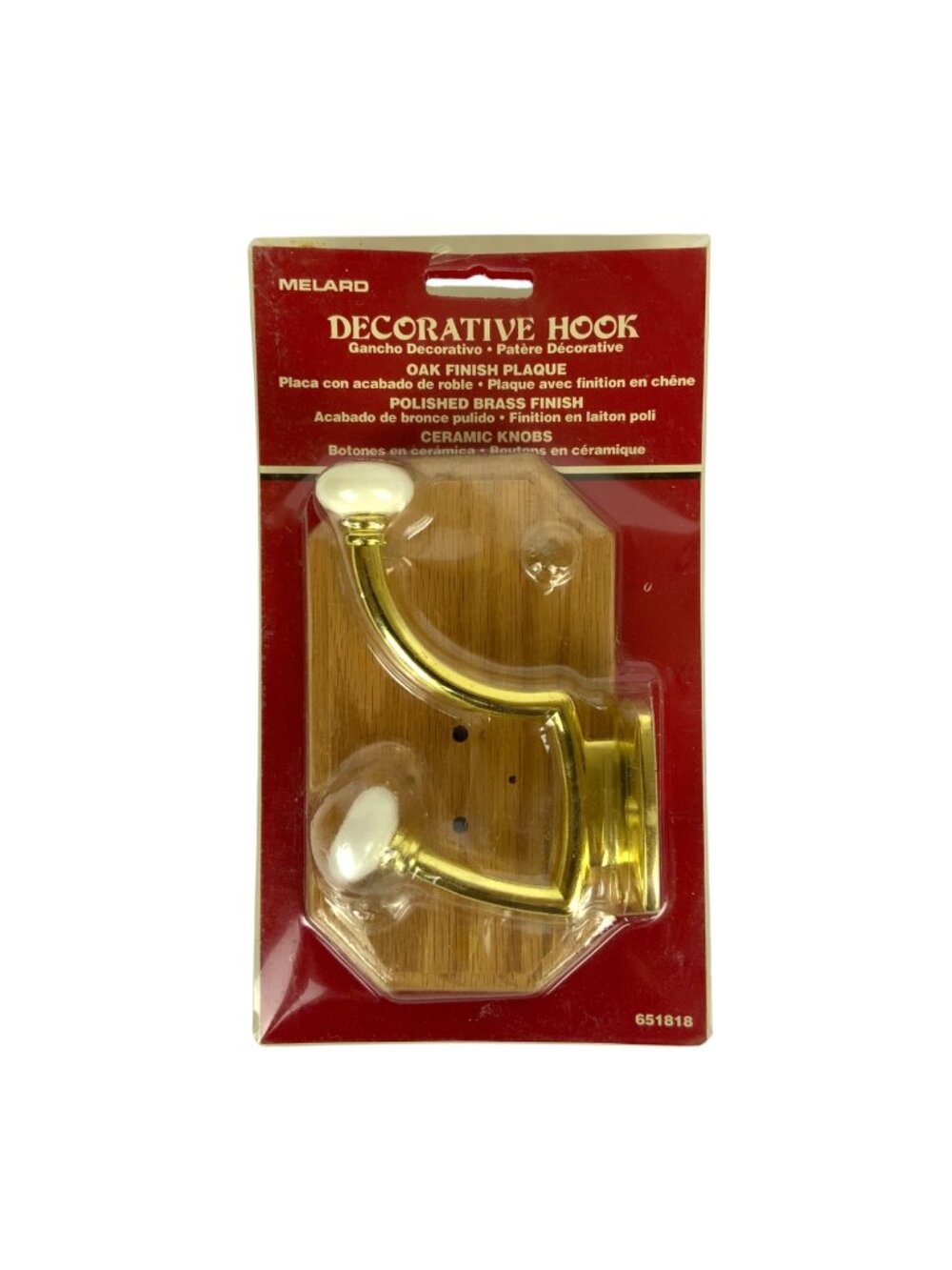 Melard Decorative Wall Hook Polished Brass Ceramic Knobs Oak Finish Plaque